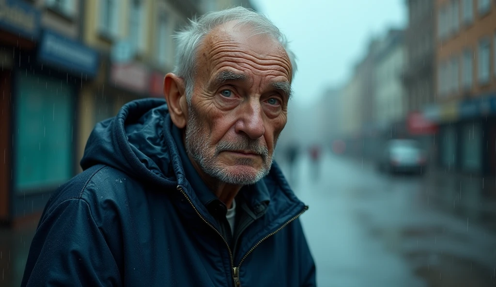 A photograph of an old Russian man in dark blue sportswear walking in the rain, making eye contact with the viewer in the middle of the scene, 35mm lens, top to bottom shot, deep focus cinematic effect, natural lighting, color grading in cool tones, high quality, ultra details, 8k resolution,