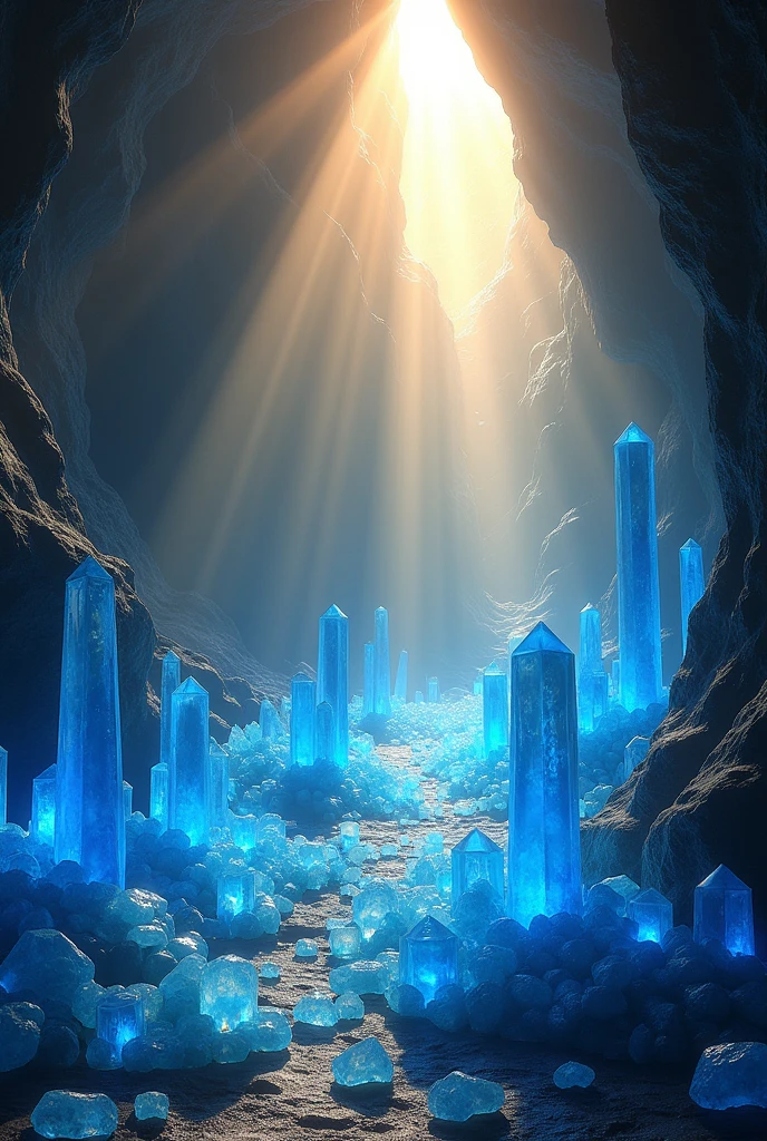 Sun rays reflect off blue crystals in a cave