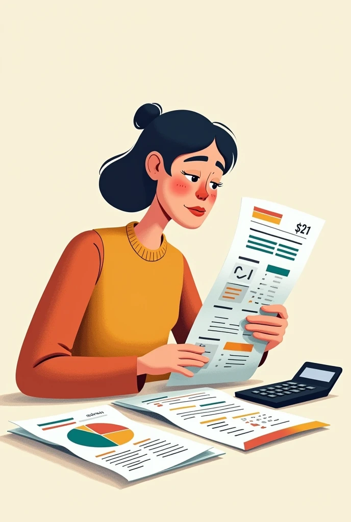 an image of a person carefully reviewing a bank statement, with graphics or highlighted numbers, and a calculator next to it.(that the drawing style is not realistic but more animated and I want it to be well done?