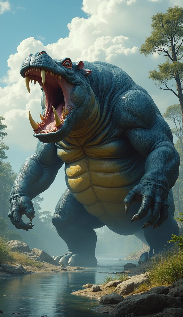 The image depicts a massive, muscular, creature with a fierce appearance, possibly a fictional or fantasy animal. It has a body similar to a mix between a hippo and a reptilian creature, with an open mouth showing large, sharp tusks and teeth. The creature's skin appears textured and rough, with a dark blue and yellowish coloration. The background suggests a natural setting near a body of water, with trees and clouds in the sky.