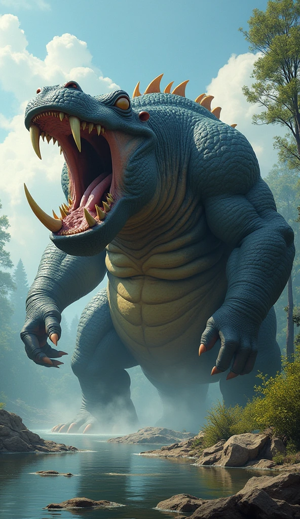 The image depicts a massive, muscular, creature with a fierce appearance, possibly a fictional or fantasy animal. It has a body similar to a mix between a hippo and a reptilian creature, with an open mouth showing large, sharp tusks and teeth. The creature's skin appears textured and rough, with a dark blue and yellowish coloration. The background suggests a natural setting near a body of water, with trees and clouds in the sky.