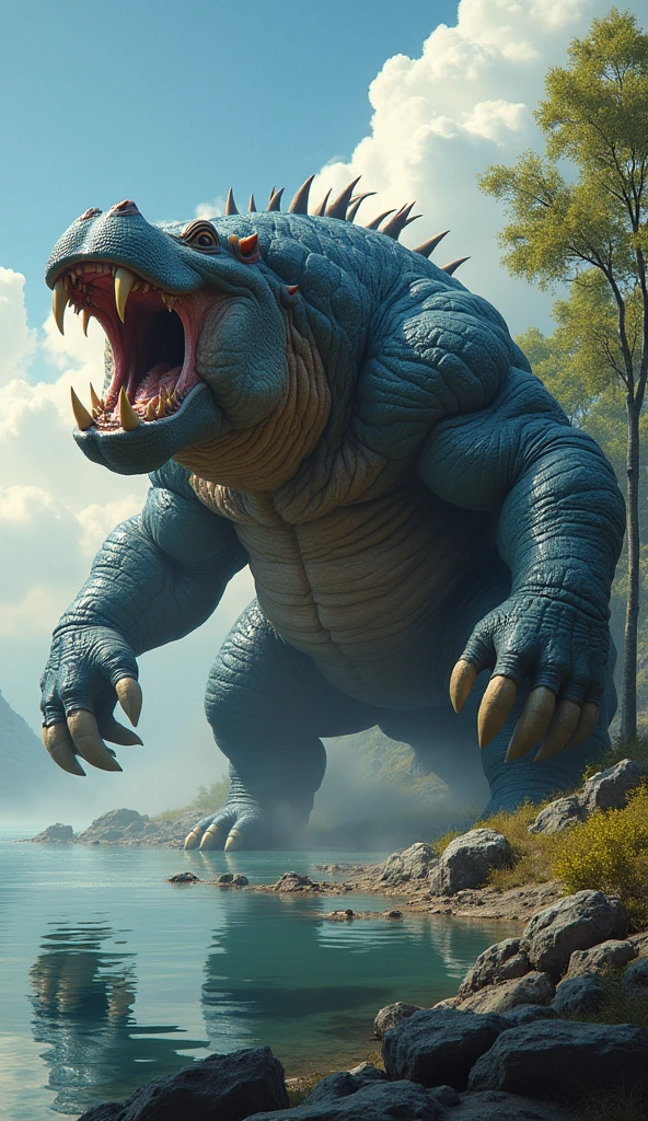 The image depicts a massive, muscular, creature with a fierce appearance, possibly a fictional or fantasy animal. It has a body similar to a mix between a hippo and a reptilian creature, with an open mouth showing large, sharp tusks and teeth. The creature's skin appears textured and rough, with a dark blue and yellowish coloration. The background suggests a natural setting near a body of water, with trees and clouds in the sky.