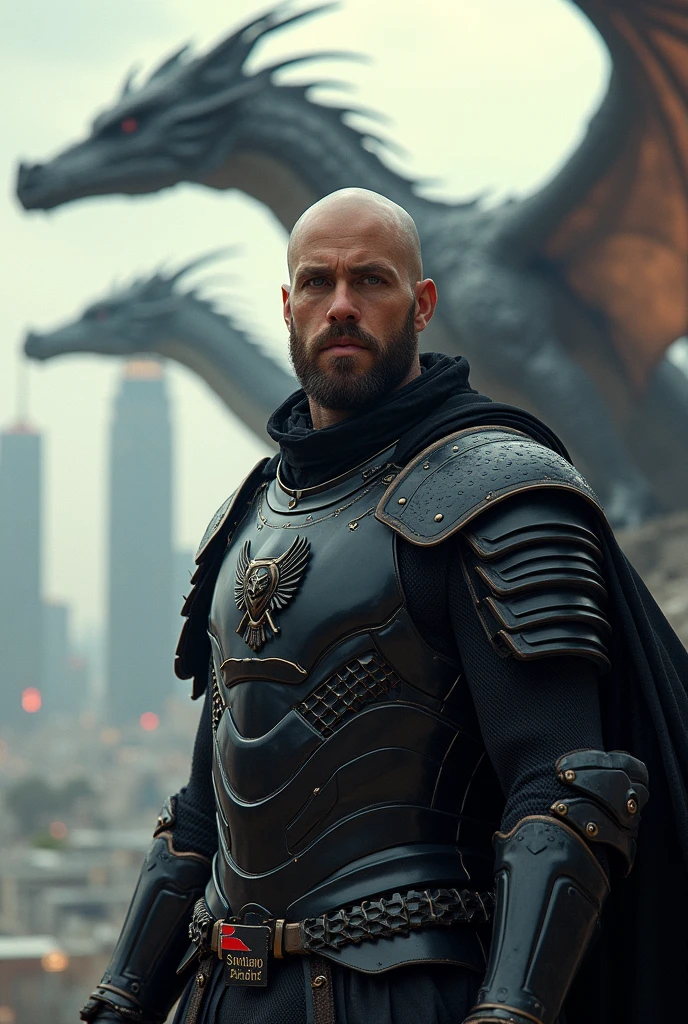 Bald young man with a brown beard, black armor with a flag that shows the following Santiago Andrés In the background a futuristic city with dragons