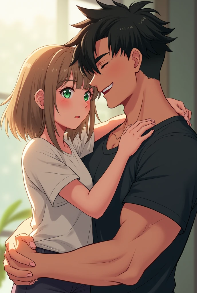 In the romantic scene, a muscular boy with black hair, a little at the shoulders and with a cut style that leaves the top shorter, He is hugging a short girl around the waist. She has light brown hair, shoulder-length, and blue eyes. He has green eyes and, while she maintains a serious but blushing expression, He laughs playfully. The atmosphere is flirtatious, with him enjoying the contrast between his laughter and her seriousness.