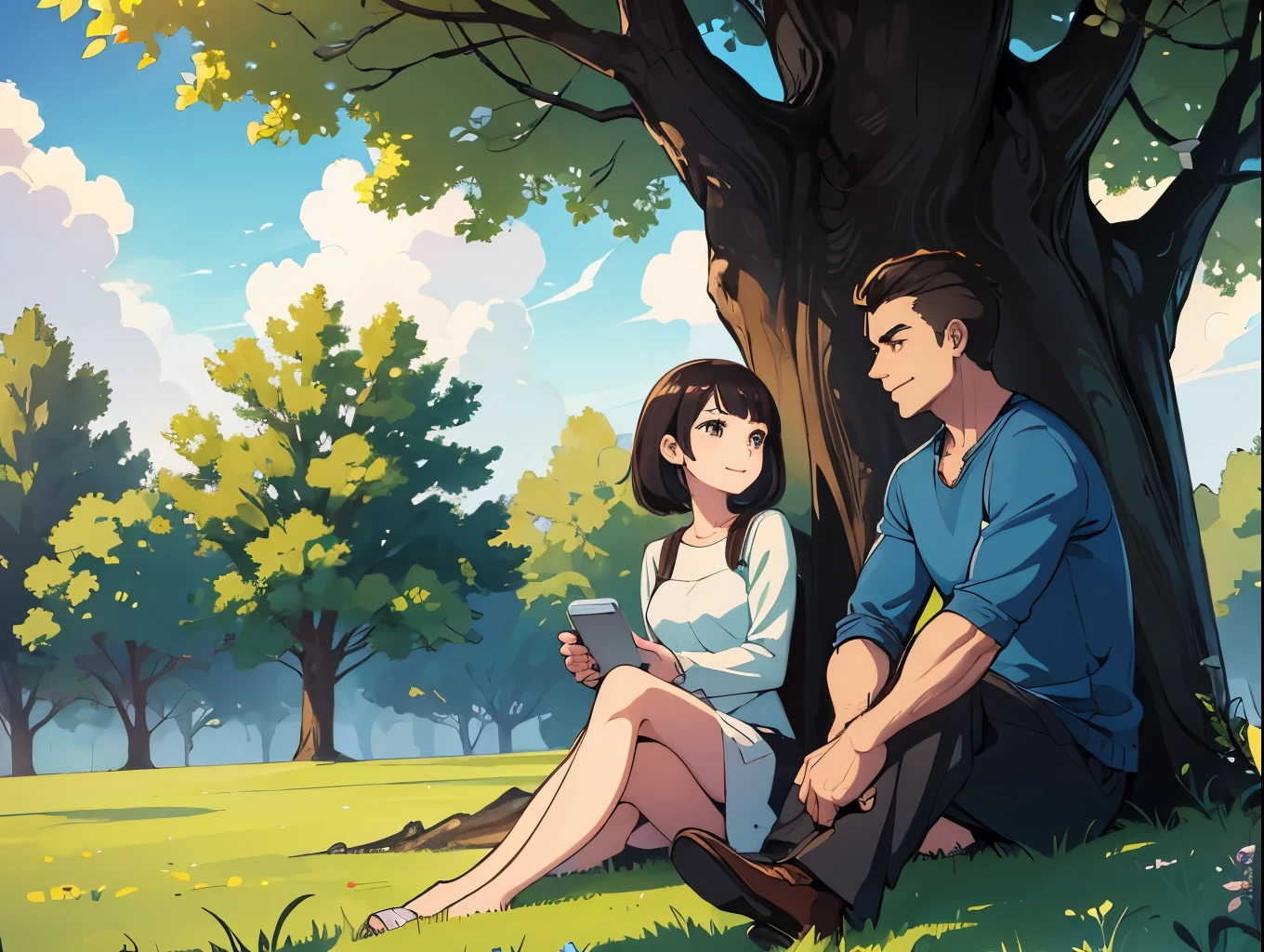 Man and woman, sitting beside a tree, in grass, friendly conversation, joy