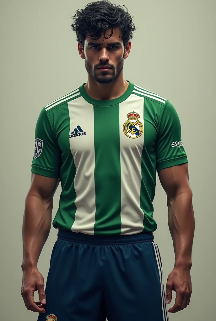 dark-haired man with short wavy black hair wearing a Palmeiras shirt and Real Madrid shorts,