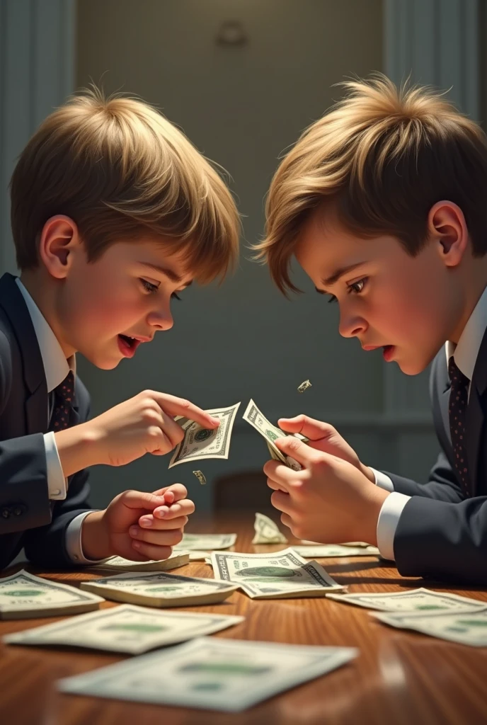 A boy tears money in half with his friend in a meeting
