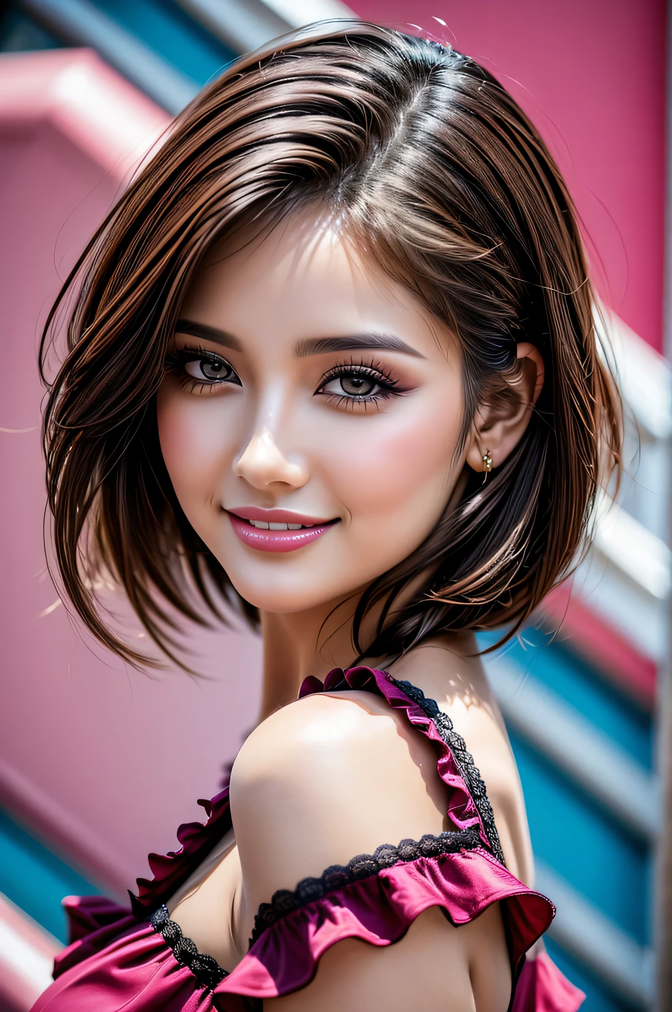 Realistic (photorealistic Realism), (high resolution), ((intricately detailed digital art)). (ultra realistic texture details: velvety skin, hair), (ultra quality), professional photography, (glamour shot of woman:1.3 20 years old, model, elegant and charming), (intricately detailed clear and sharp perfect round realistic brown_eyes), (droopy eyes), BREAK, detailed lips:1.3. stunning beautiful woman, 20 years old, model, elegant and charming, charming, blushing, perfect natural breasts, teeth, short hair, hime hairstyle, modern fashion designer clothes, vivid and colorful shirt with plated skirt, ruffles, vivid and colorful, abstract background, studio background, perfect lighting, cinematic color correction ,extremely detailed, fine details, soft focus, ray tracing, girl focus, dynamic pose, sexy and seductive,flirty smile,