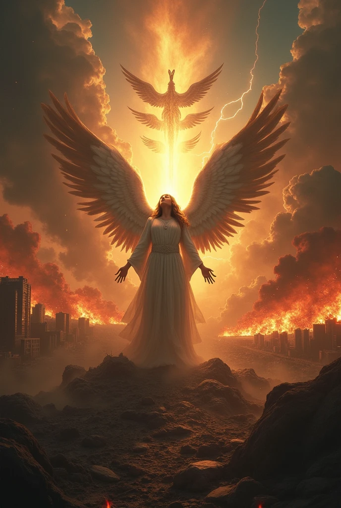 "Create an apocalyptic-themed book cover inspired by the Bible&#39;s Book of Revelation, set in modern times. The image should convey an atmosphere of chaos and judgment., with a gloomy sky and heavy clouds. At the center, highlight an angel with a powerful trumpet, symbolizing the beginning of divine judgments, surrounded by lightning and fire In the background, a partially destroyed modern city, with buildings collapsing, fire and smoke, revealing the impending destruction. dark representing the four horsemen of the Apocalypse in the background, with its grasshopper details floating around. The color palette should be dramatic, com tons de vermelho, black and gold, to enhance the sense of catastrophe and ultimate hope.
