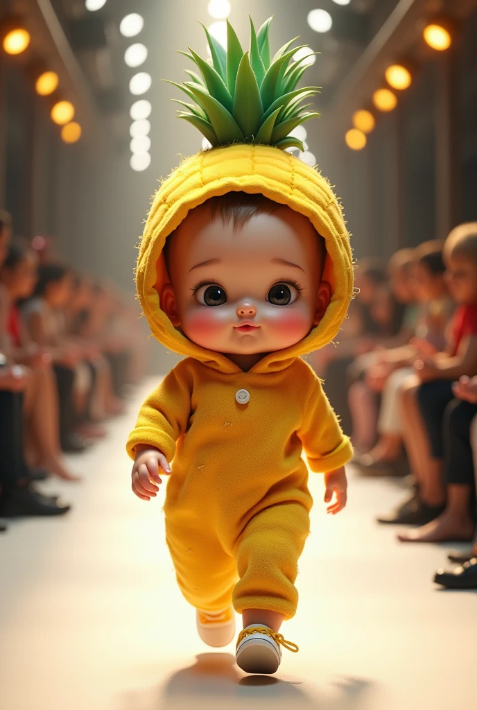 Cute baby with big head wearing pineapple in real life fashion show full body