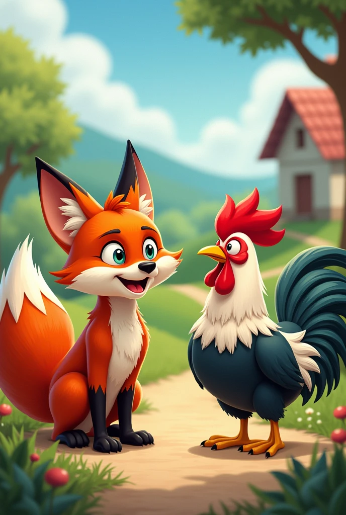 An image of a very mischievous fox and a suspicious rooster