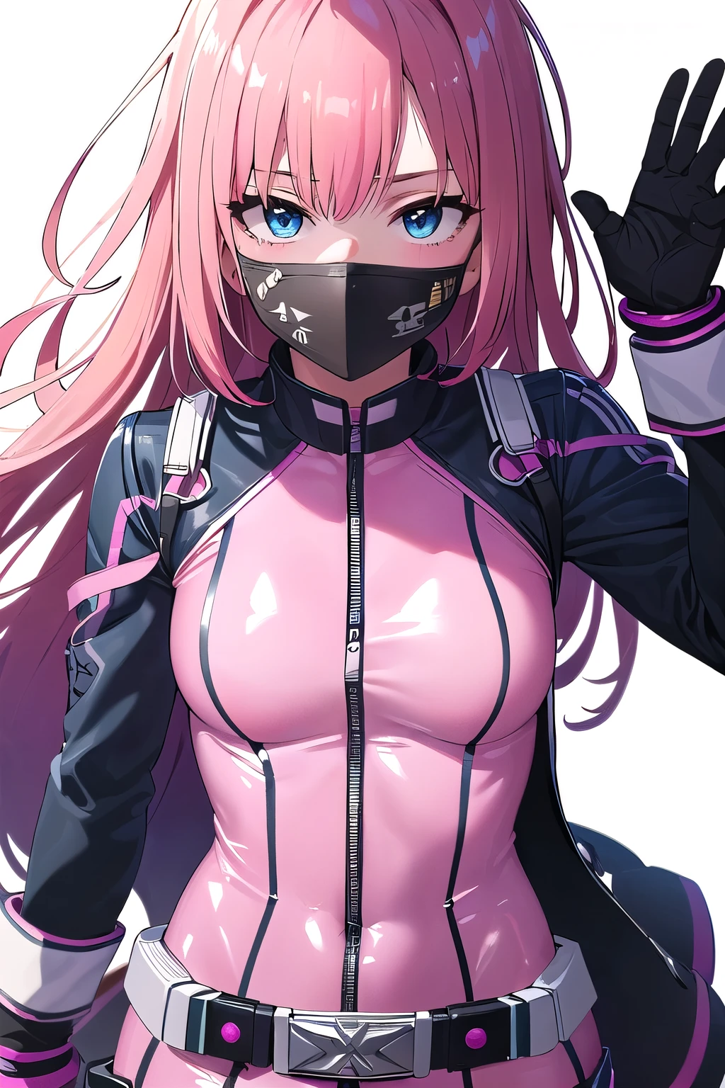 1girl,Samus aran,solo,green eyes, pink hair, forehead   hair, white zero suit,white body suit,purple stripes,cowboy shot,blush,,Science fiction,ultra-detailed,sharp focus,aesthetic,(best quality), white background, (Ninja Mask:1.2)
