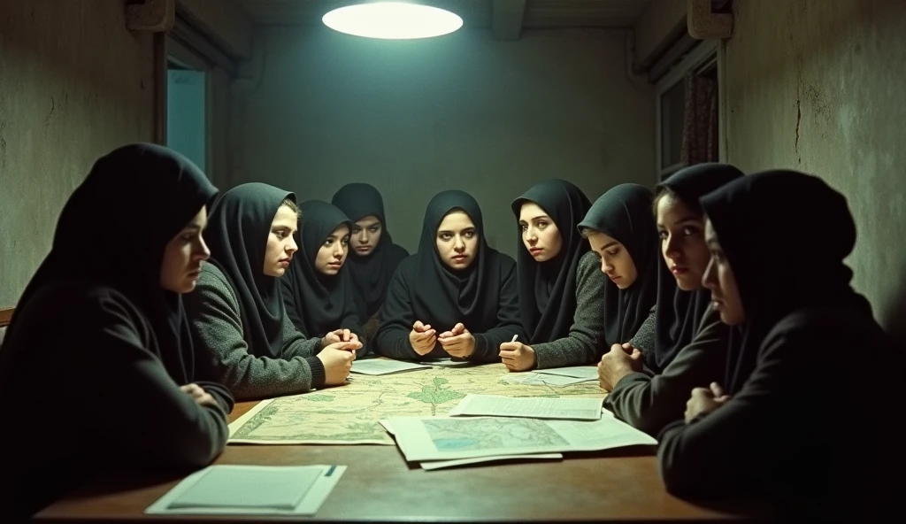 An old photograph showing a secret meeting of Iranian revolutionaries in a dimly lit basement during the revolution. The group, consisting of young men and women, the women all wearing hijabs, are huddled around a table covered in maps, pamphlets, and notes. A single overhead light casts deep shadows, highlighting the serious expressions on their faces as they discuss strategies against the Shah’s regime. The image is captured with the grainy, slightly blurred quality typical of the cameras from that era, enhancing the feeling of secrecy and urgency.