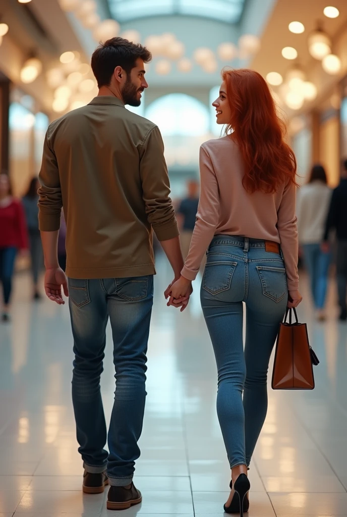 Man holding hands with his sexy girlfriend, Full body in a shopping mall, she has a tight top showing her breasts and elasticated jeans, high heeled shoes (Red hair:1.1), blue eyes, soft and smooth skin, perfect make up, bright lips, smile showing teeth, fine details, Realistic lighting, 4k resolution, fashion portrait, extremely detailed, She looks over her shoulder, full body standing big ass (masterpiece, high quality, Best Quality:1.3), extremely detailed, extremely intricate, photorealistic.