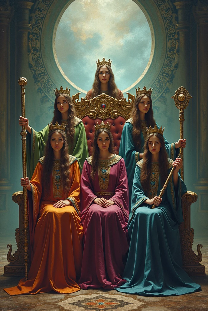 5 women dressed as witches, with a long tunic of different colors, the tunic covers their hair, with a setro in their hand, with their crown on their head, perched on a beautiful throne, behind her there is an open portal to another dimension .