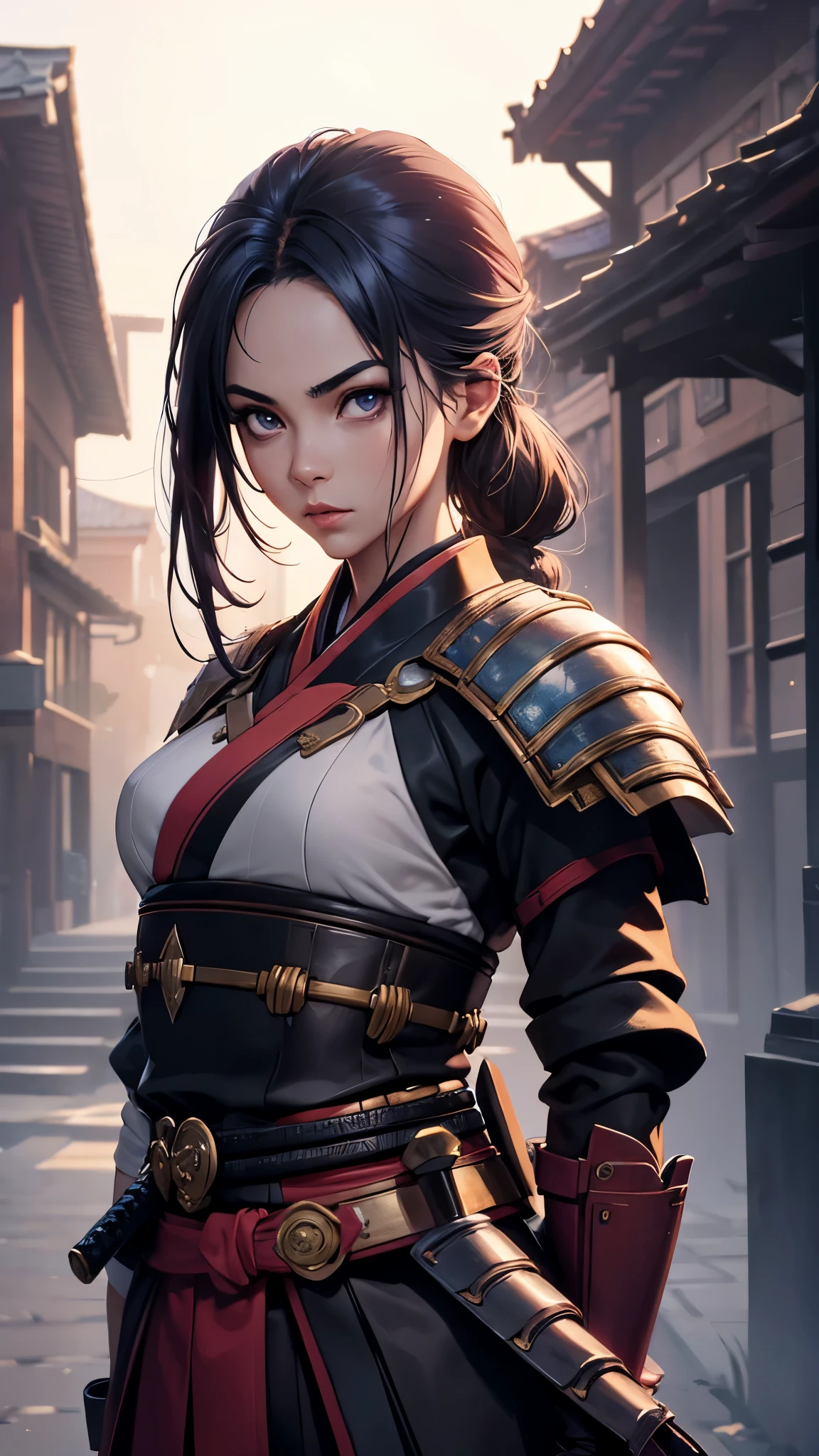 a beautiful young female samurai,1,slim flexible body,long legs,detailed oval face,beautiful detailed eyes and slightly plump lips,samurai stance,arms raised overhead holding katana sword,(best quality,4k,8k,highres,masterpiece:1.2),ultra-detailed,(realistic,photorealistic,photo-realistic:1.37),intricate details,sharp focus,cinematic lighting,dramatic colors,digital painting,concept art