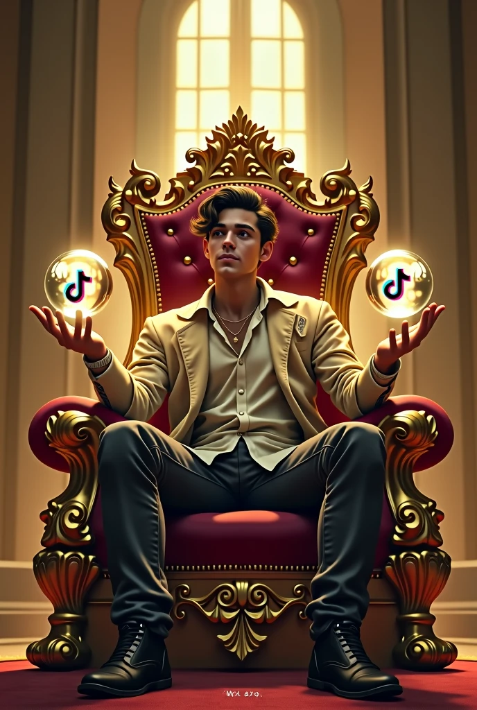 A 20-year-old man on a golden throne holding in the palm of his right hand a crystal ball with the name Tiktok inside it and in his left hand a crystal ball with the name Andres inside it.
