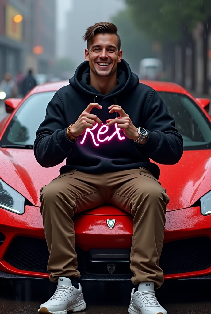 real full body white skin photography image of handsome man,smiling wearing black hoodie with brown cargo pants and white rubber shoes,her fingers singn of heart, the hoodie has own names written" rex " made of cristal neon black is written in the jacket,sitting out on the red luxury full body car with raining 300dpi, 100fps, UHD, HDR, high real image k hd
