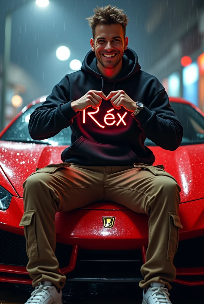real full body white skin photography image of handsome man,smiling wearing black hoodie with brown cargo pants and white rubber shoes,her fingers singn of heart, the hoodie has own names written" rex " made of cristal neon black is written in the jacket,sitting out on the red luxury full body car with raining 300dpi, 100fps, UHD, HDR, high real image k hd