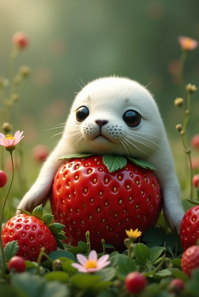 white seal disguised as a strawberry