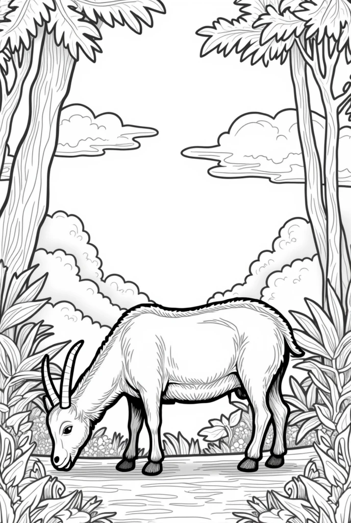 Black and white coloring book page of a goat grazing with clouds and other animals in the background in the jungle