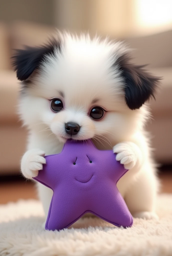 Small breed white dog with only one black ear playing with a purple stuffed star