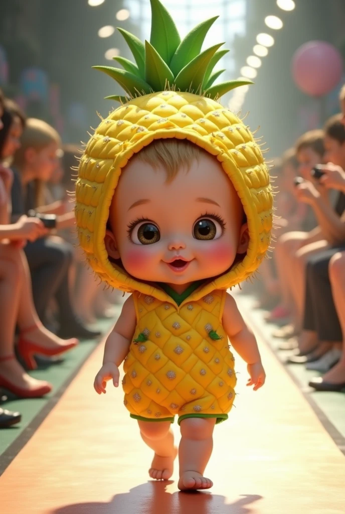 Cute baby with big head wearing pineapple in real life fashion show full body