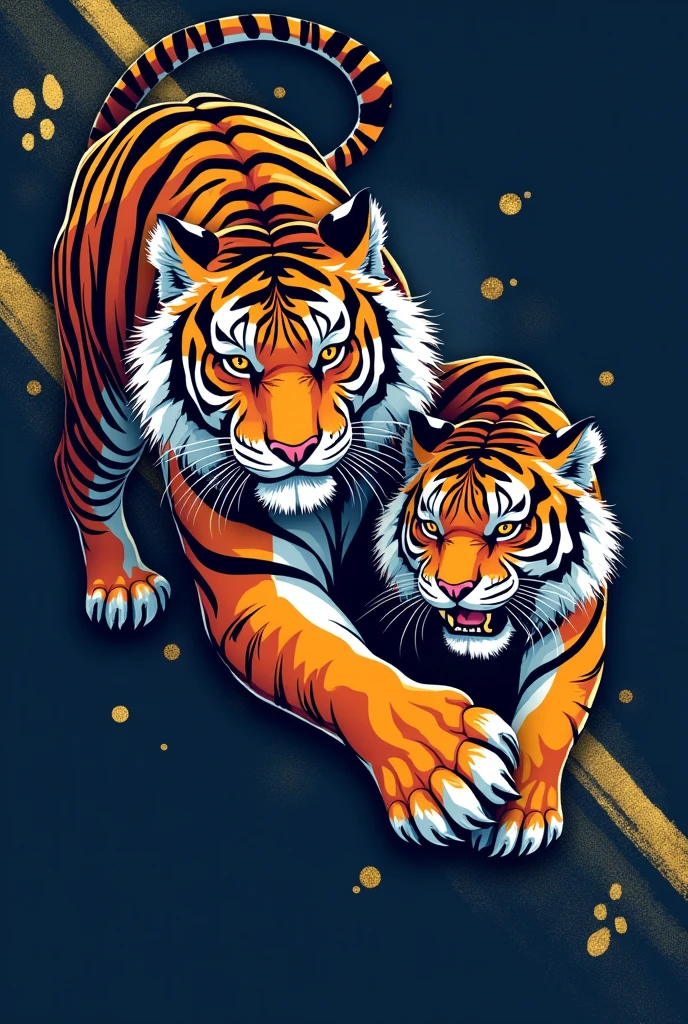 ##  Tiger Shirt

**Description:**

* **background color:**  Dark navy blue, vibrant and impactful.
* **Left Tiger:** A large tiger, in attack pose, with the head turned to the left and the body extending diagonally upwards, crossing the hem of the shirt. The tiger will be rendered in shades of orange, black andwhite, with a gold highlight for the eyes and claws.
* **Right Tiger:** A tiger with an angry expression. The tiger will be located on the right side of the shirt, a little below the shoulder, with the body extending diagonally downwards. The coloration will be similar to the larger tiger, but with softer tones and a pink detail on the ears.
* **Lower Range:** The bottom stripe will be dark navy blue, with a repetition of small tiger footprints in white.
**detaileds:** The shirt may have gold details to highlight the design elements., like the eyes of the tigers and the numbers of the players behind. 
Being a shirt 