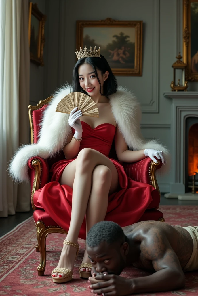A korean teen woman, slightly laugh, with white skin, black hair, dark eyes, red lips, dressed in a red satin mini short dress, white mink short cape, white gloves, tiara, shiny gold high-heeled sandal with white feather, red toenail, is sitting in a luxurious armchair, cross her legs, cover her mouth with folding fan.
Under her sandal an old African man, gray haired, thin, with marked ribs, scars on the skin, dressed in torn pants and a dirty shirt, is lying face down, and sticks out his tongue to clean the garbage from the floor.
In the background, an elegant room with gray walls, a fireplace lit in a corner, and decorative paintings.