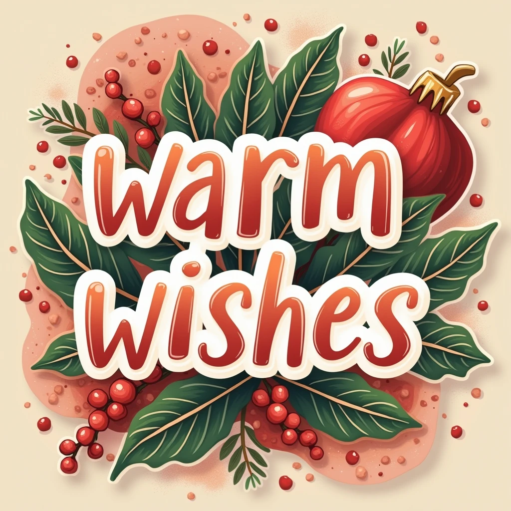 Sticker with the text "Warm Wishes" in a cozy style with the text outlined completely in white, with colors such as red, green and cream.