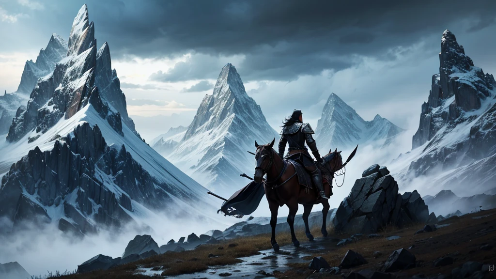 medieval russian black knight, dark cloudy weather, jagged mountain background