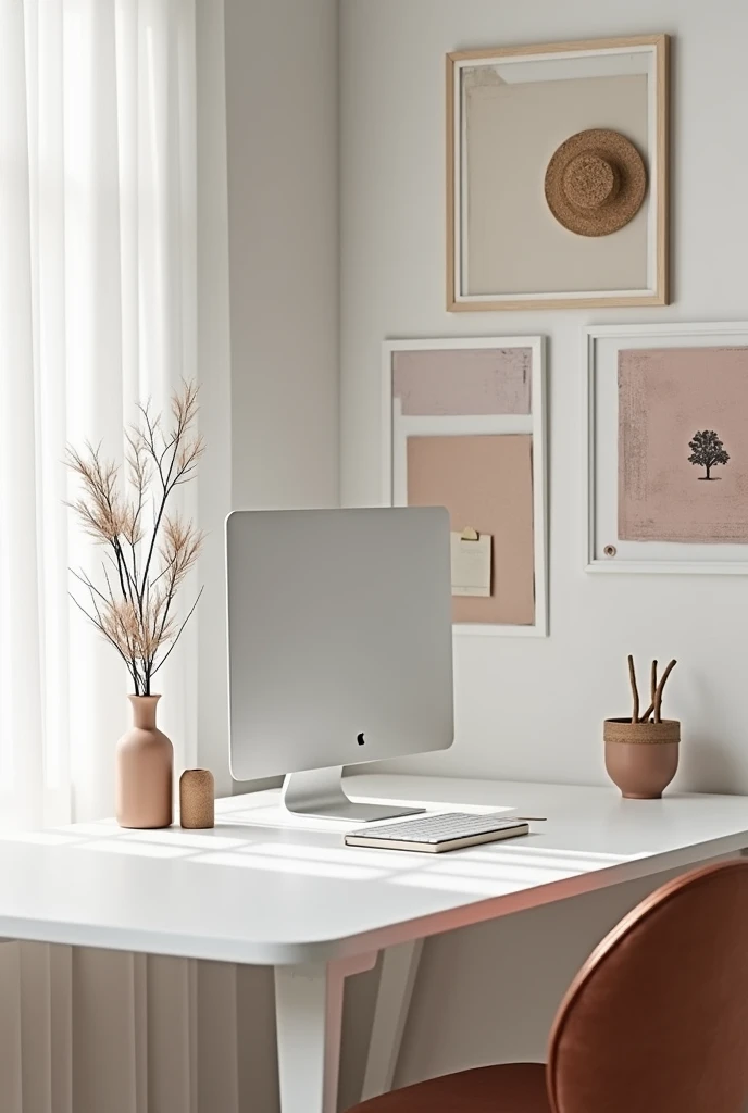 An aesthetic white study table of an interior designer and theres a mood board sticking on wall along and an apple pc on table