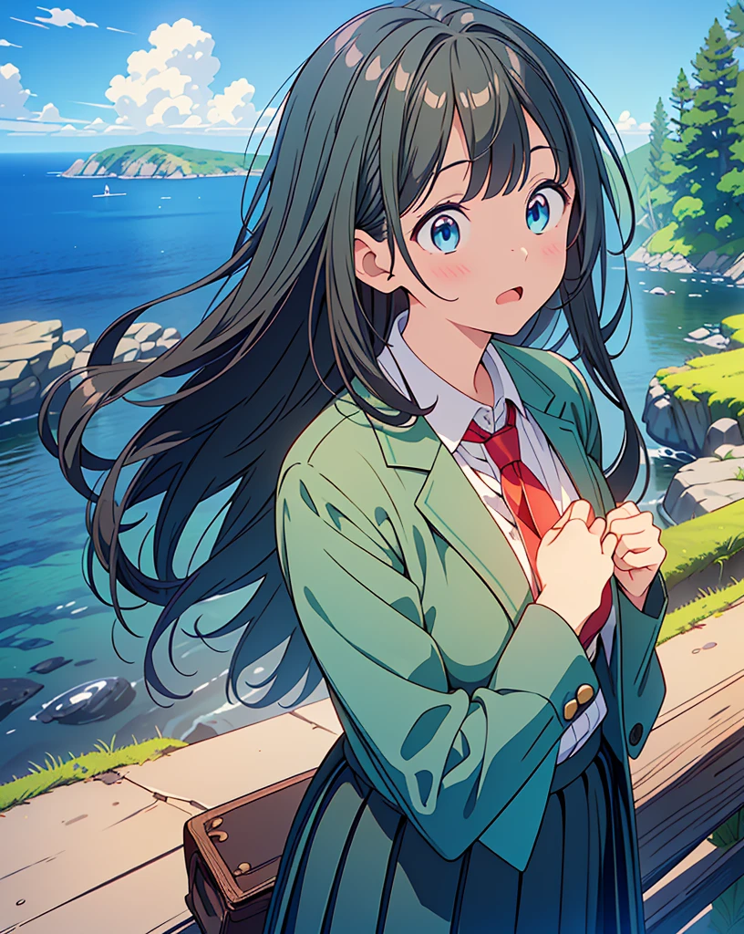 Highest quality, 32K, High resolution, masterpiece:1.5, One beautiful girl, Illustration with anime touch, Rich emotional expression, An exceptionally beautiful face, Perfect Human Anatomy, Perfect hands, Thumb and４Finger, Big red eyes, ((Surprised face:1.5)), shiny black hair, Long Hair, Asymmetrical bangs, Hair between the eyes, Transparent, soft white skin, Detailed and cute lips, ((Moss green blazer:1.1)), Red tie, Checkered pleated skirt, Sea view road, ((blue sea:1.2)), ((Ultra-detailed and beautiful blue sky:1.2)), Gentle sunlight, mysterious