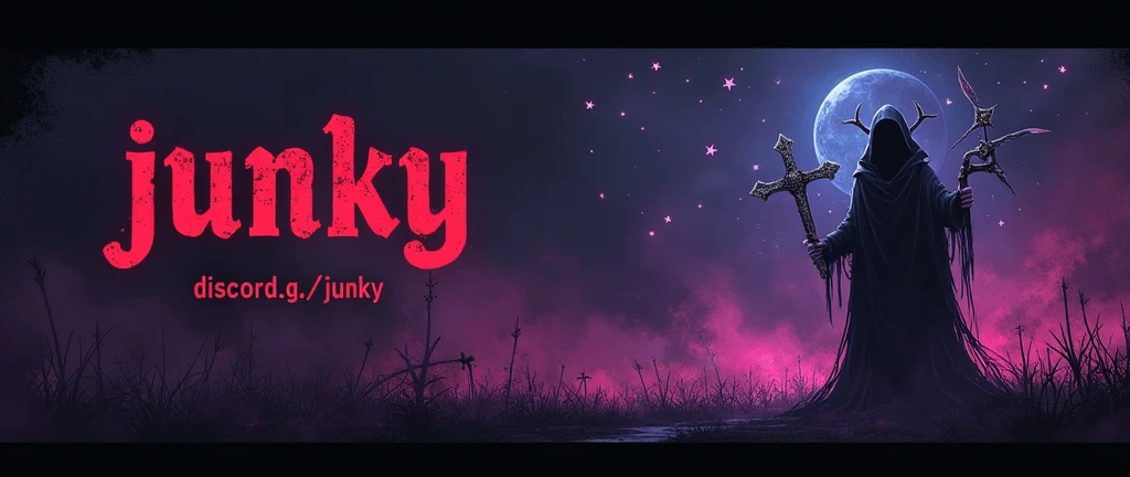 Create a gothic banner that integrates the word 'Junky'.
Que contenha cores como blackw roxo escuro neon e branco e cinza. Color that must have: blackw! Symbols: Gothic, cross or stars. that includes the phrase 'discord.gg/junky' o banner meio minimalista