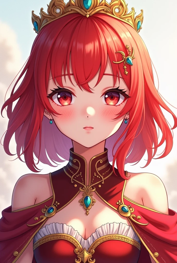 Generates images of a red-haired girl with bangs and an Anime version of Queen's clothing that looks about 2