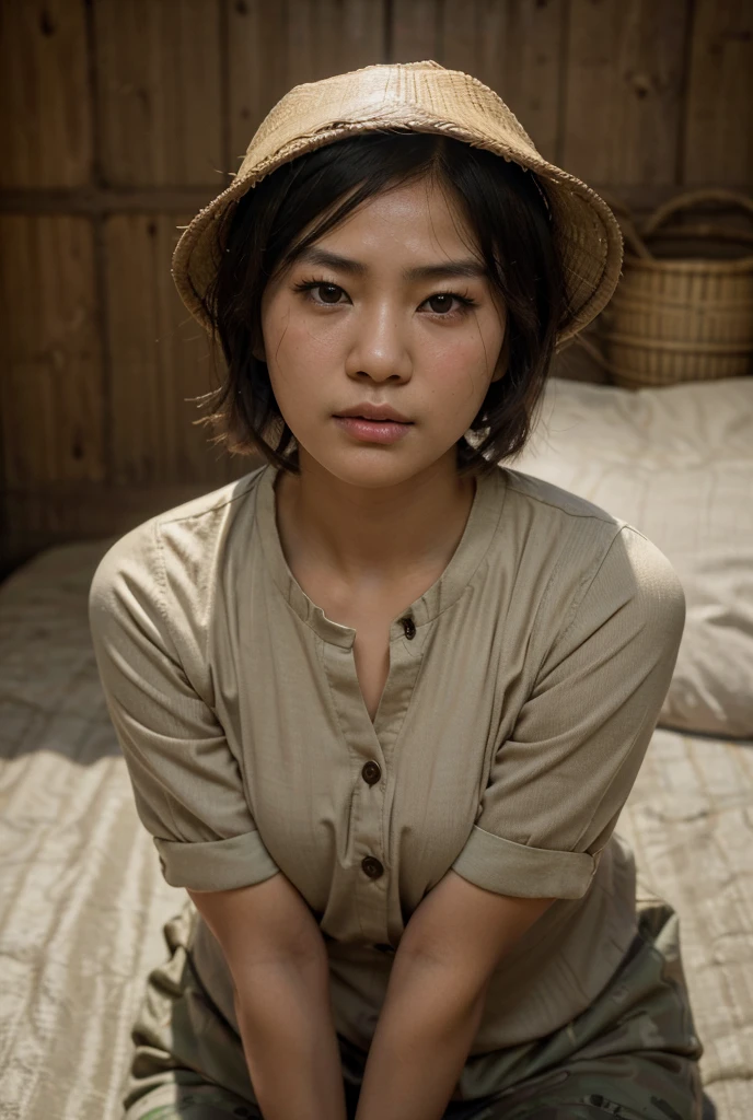 1girl, beautiful detailed female vietcong woman, young, vietnam, southeast asia, southeast asian face, voluptuous, curvaceous, short, petite, thicc, thick thighs, natural, natural lashes, no makeup, glistening sweat, teenager, ulzzang, cute face, thin face, skinny face, thin cheeks, tsundere, annoyed face, angry face, furrowed brows, frowning, varied nose, varied eyes, traditional clothing, military clothing, baggy clothing, shirt collar, buttoned clothes, arafed woman, asian hat, vietnamese farmer, vietnam harvest, vietnam rural travel, vietnamese woman, traditional vietnam, rural vietnam, in bed, makeshift bed, fields, impoverished, disheveled, farmer, farming, messy thick luscious hair, tied short hair, short hair, traditional hairstyle, cute hairstyle, cute haircut, bob cut with pigtails, detailed face, penetrating eyes, beautiful detailed lips, extremely detailed skin, detailed clothing, colorful clothing, (best quality,4k,8k,highres,masterpiece:1.2),ultra-detailed,(realistic,photorealistic,photo-realistic:1.37), natural lighting, warm color tones, cinematic composition