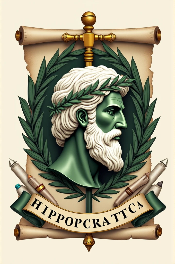 A logo with these specifications Central Element: A staff of Asclepius (a staff with a coiled snake), which is a classic symbol of medicine, representing medical knowledge and legacy.
Historical Element: A stylized profile of Hippocrates or a representative figure of ancient medicine, integrating classic elements such as a laurel wreath or a scroll.
Name of the Brotherhood: The text “Fraternitas Hippocratica” in an elegant and classic typeface, at the top or bottom of the design.
university: Include “UNIOT” prominently, possibly on a band or ribbon surrounding the main design.
colors: Use traditional colors associated with medicine such as dark green, the gold and the white, to convey professionalism and legacy.
Additional Details: Consider including items such as books or pens to symbolize learning and continuing education..