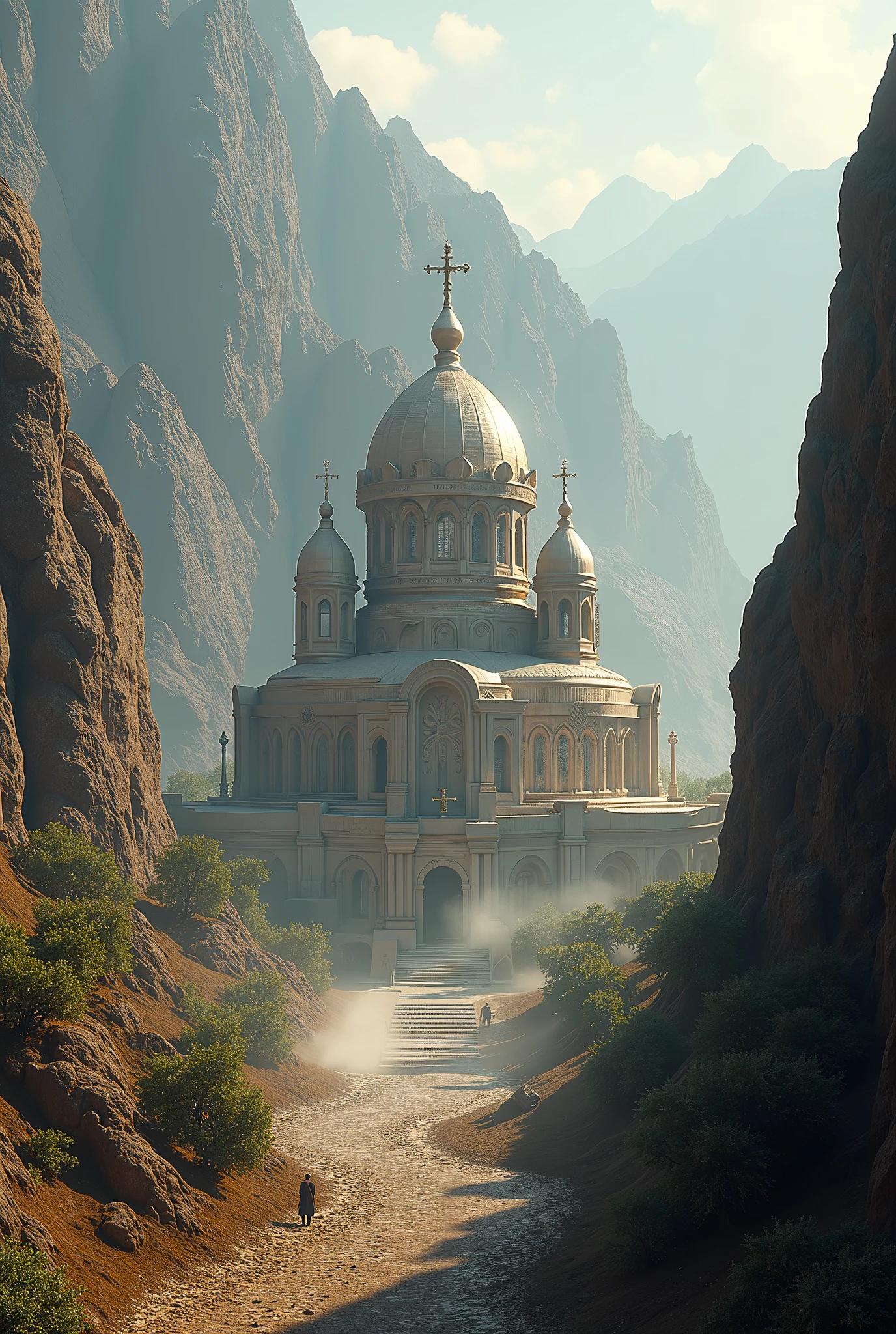 there is a large Ethiopian Orthodox Church building with hemispherical Dom that is built into the side of a mountain, intricate matte painting, matte painting of human mind, digital matte painting, ancient yet futuristic, elaborate matte painting, hyperdetailed 3d matte painting, hyperdetailed 3 d matte painting, extravagant matte painting, epic matte painting, epic cinematic matte painting, matte painting concept art, giant tomb structures,smoke, tree.