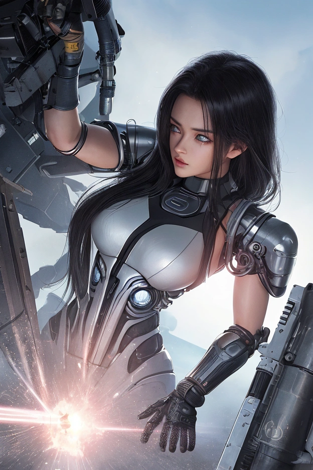 a female version of Goku wearing the clothes of the T-800 from Terminator, detailed face, beautiful detailed eyes, beautiful detailed lips, extremely detailed eyes and face, long eyelashes, muscular body, heroic pose, dynamic action, science fiction, t-800 terminator outfit, futuristic, cyberpunk, cinematic lighting, hyper realistic, 8k, best quality, ultra-detailed, photorealistic