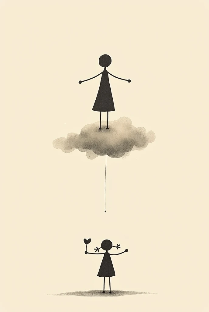 Create a tattoo of a grandmother saying goodbye to her granddaughter from atop a cloud, minimalist with stickman characters