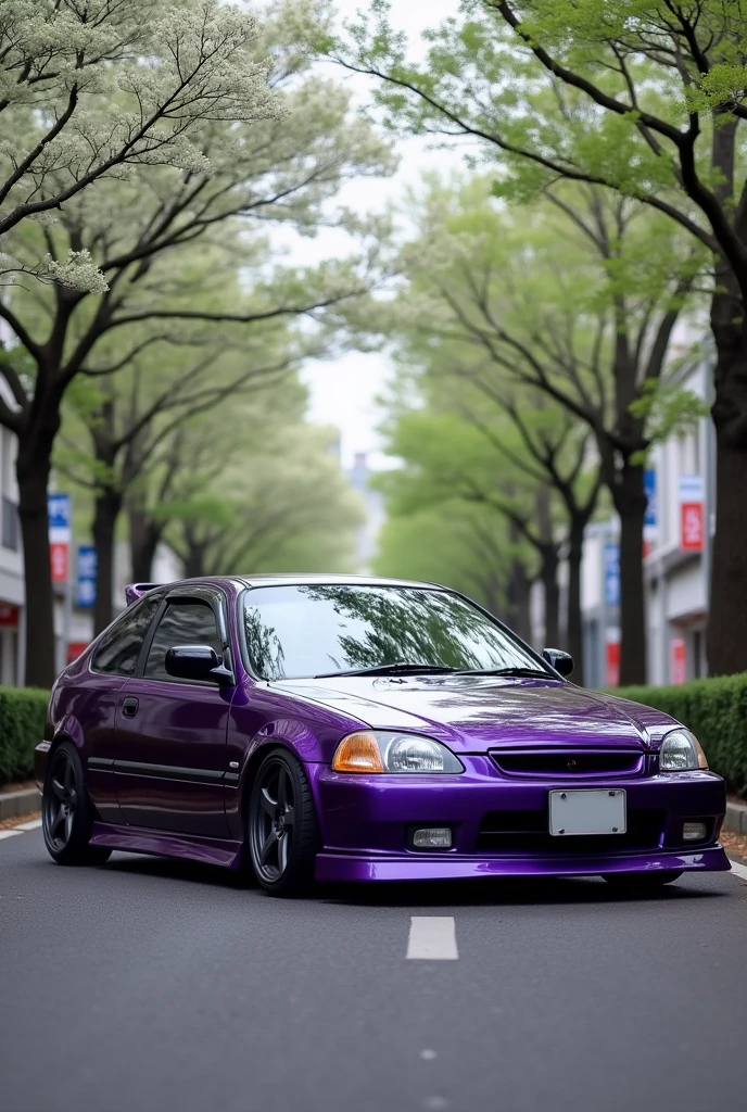 A 1995 Honda Civic with no license plate, dark purple, with a front lip and simple side skirts and simple black wheels with a part of the car&#39;s color in front of trees with white flowers on a street in some city in Japan in wallpaper format.