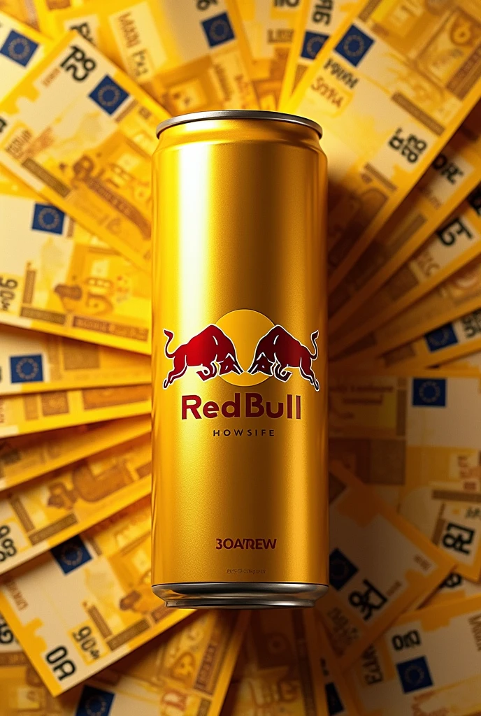 Original Red Bull emblem with Euro banknotes all in gold color ,red bull can symbol
