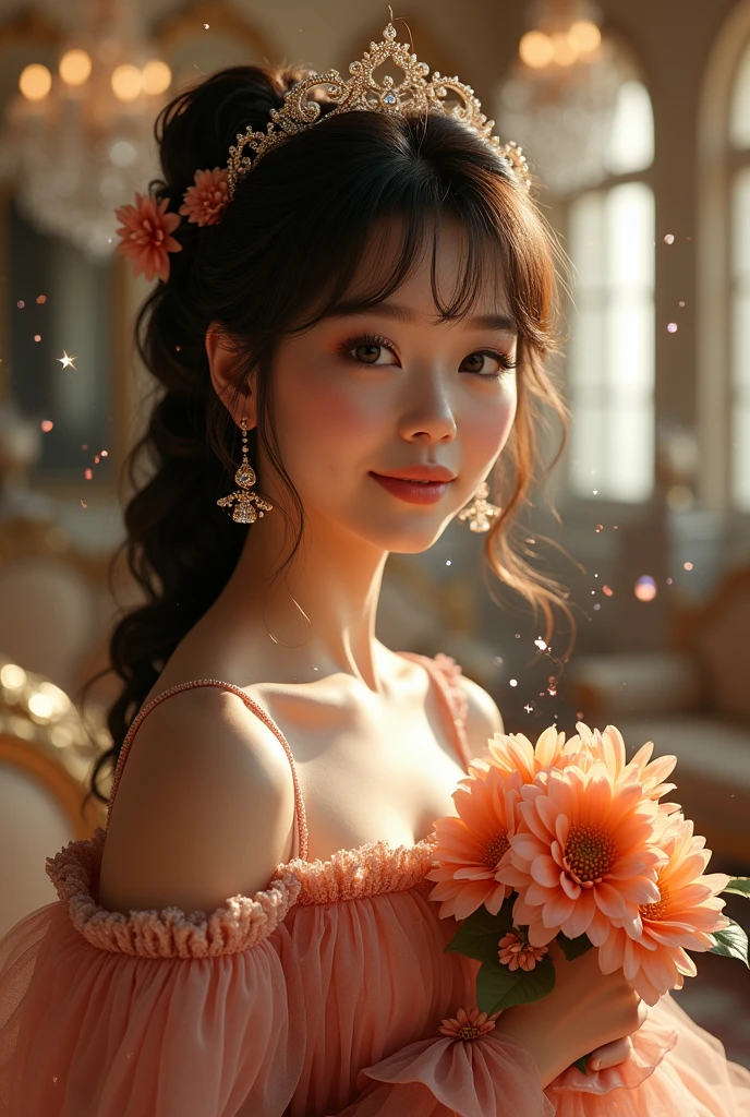 Dramatic composition, court-style dresses, royal, gorgeous, cascading frills, ruffles, bows, crystal chandeliers, Roman curly hairstyles, ponet, double ponytails like drills, look at the camera, bangs, maximalism, palatial background, delicate portrayal of hair and eyes, princess dresses, gorgeous skirts, flowers in hand, smiles, starry eyes, cinematic light, extreme detail, high definition, happy girl, very long hair, diamonds, broken diamonds, crystal fragments, light particles