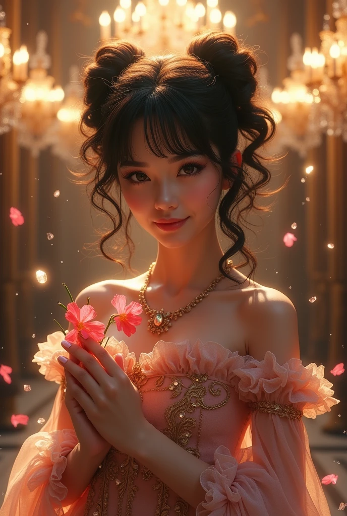 Dramatic composition, court-style dresses, royal, gorgeous, cascading frills, ruffles, bows, crystal chandeliers, Roman curly hairstyles, ponet, double ponytails like drills, look at the camera, bangs, maximalism, palatial background, delicate portrayal of hair and eyes, princess dresses, gorgeous skirts, flowers in hand, smiles, starry eyes, cinematic light, extreme detail, high definition, happy girl, very long hair, diamonds, broken diamonds, crystal fragments, light particles