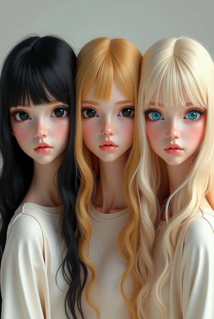 Make me triplets The first with black eyes and black hair The second with black eyes and blond hair The third with blue eyes and blond hair There are three