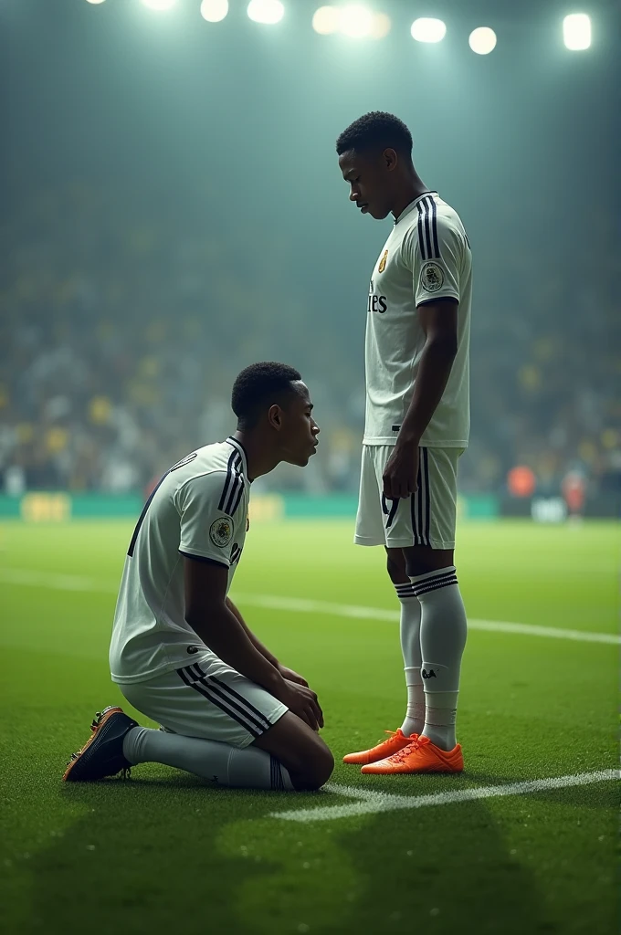 Kylian Mbappé kissing Vinicius Junior's feet