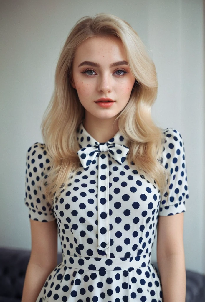 fashion photography of 23 y.o blonde woman, beautiful makeup, wearing dot dress, 35mm, Anastasia Ovchinnikova