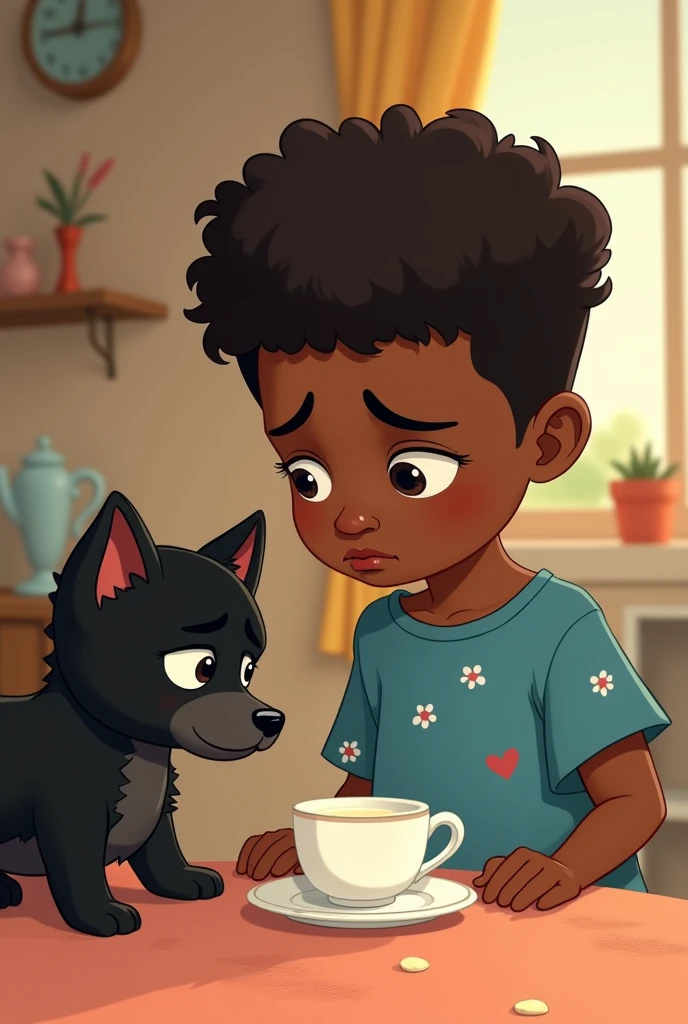 A little dog, black boy is sad because , His owners give him milk in a saucer and he doesn't want it., IN CARTOONS