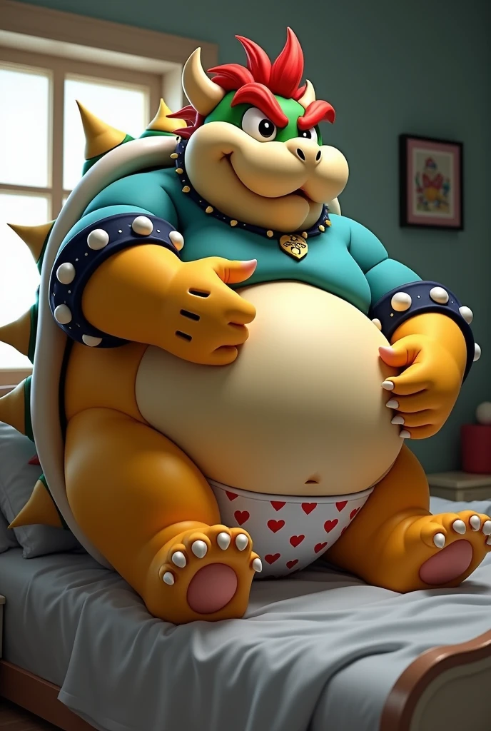 Bowser from Super Mario, Extremely obese, chubby, embarrassed, huge round belly, big moobs, heart underpants, cyan tight short sleeves t-shirt, laying on a bed, one hand on the belly