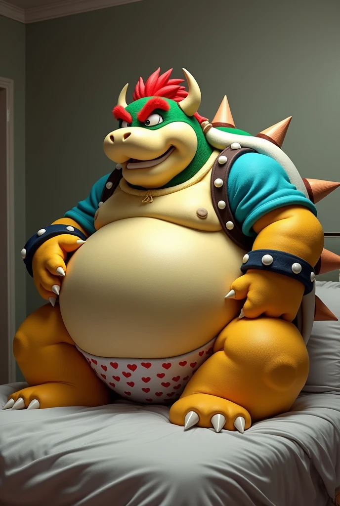 Bowser from Super Mario, Extremely obese, chubby, embarrassed, huge round belly, big moobs, heart underpants, cyan tight short sleeves t-shirt, laying on a bed, one hand on the belly